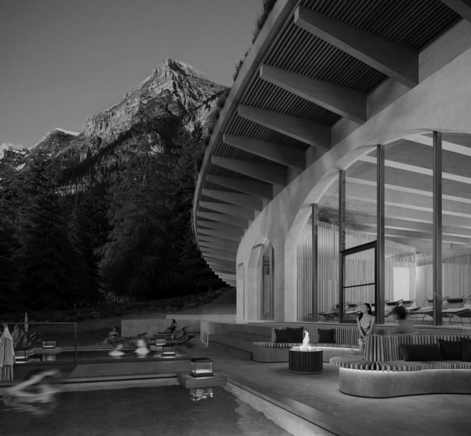 Outdoor overlook rendering of Basin Glacial Waters, Lake Louise