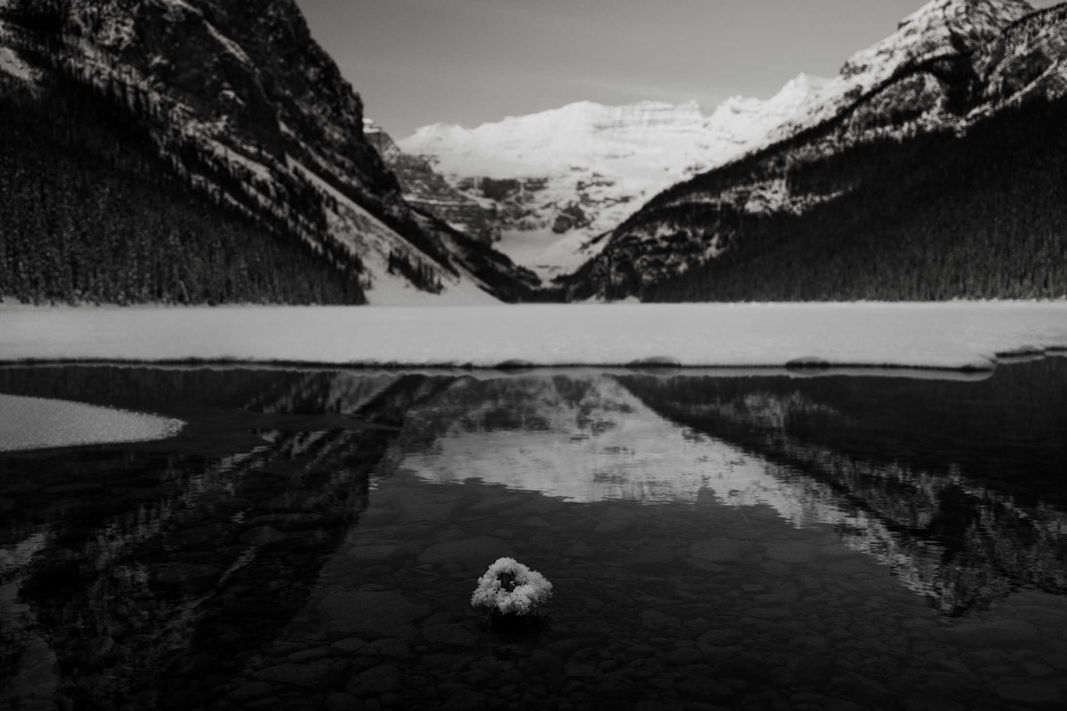 Black and white view of Lake Louise, Canada, from shoreline