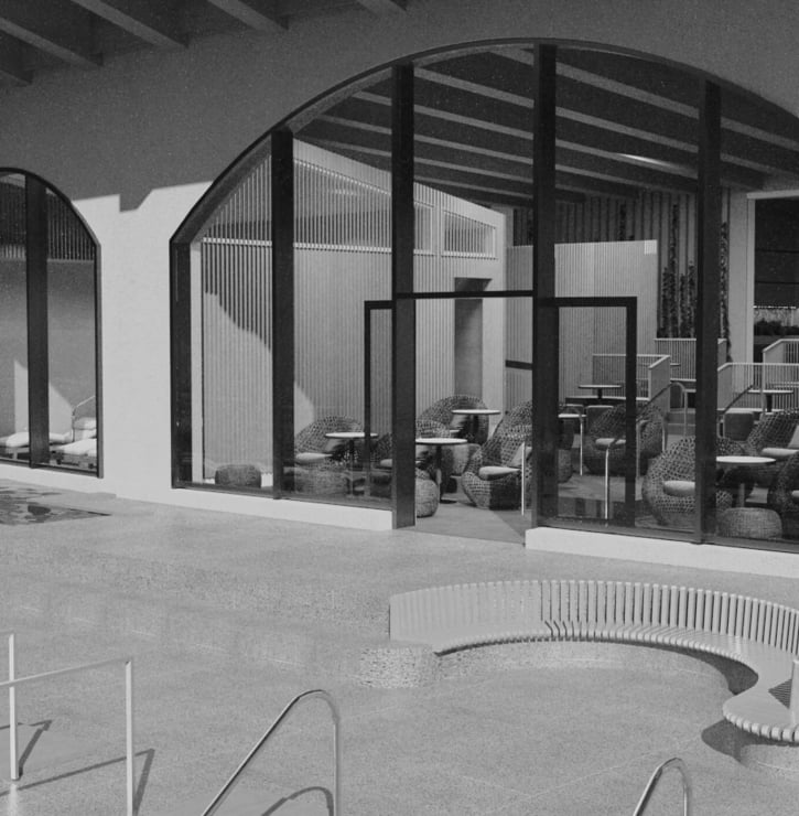 A rendering of the outside terrace of Basin Glacial Waters Spa at Fairmont Lake Louise.