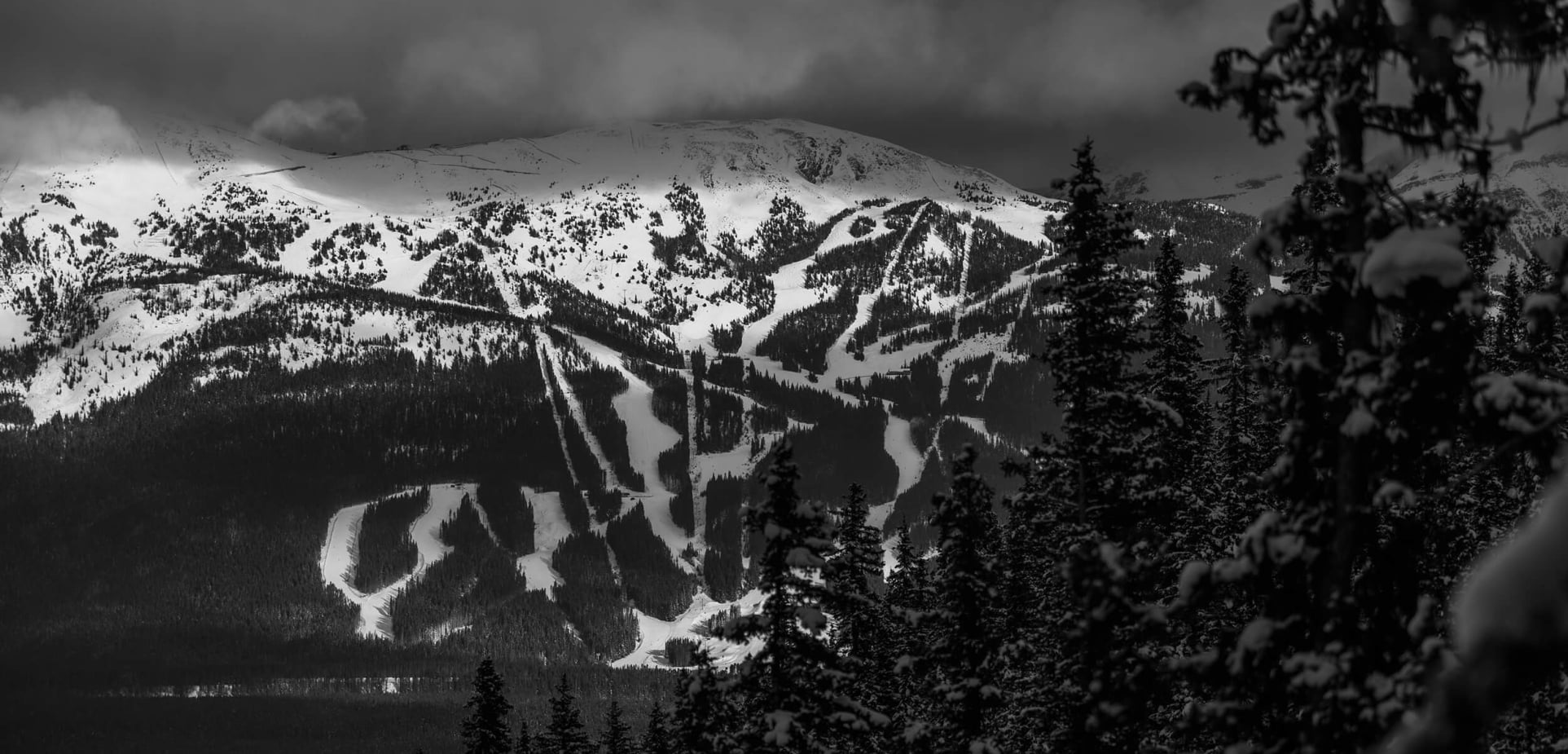 Mountain ski trails seen from the Fairview Lookout in Lake Louise.