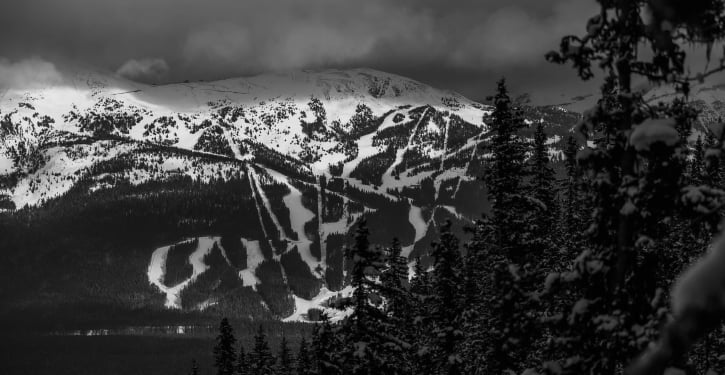 Mountain ski trails seen from the Fairview Lookout in Lake Louise.